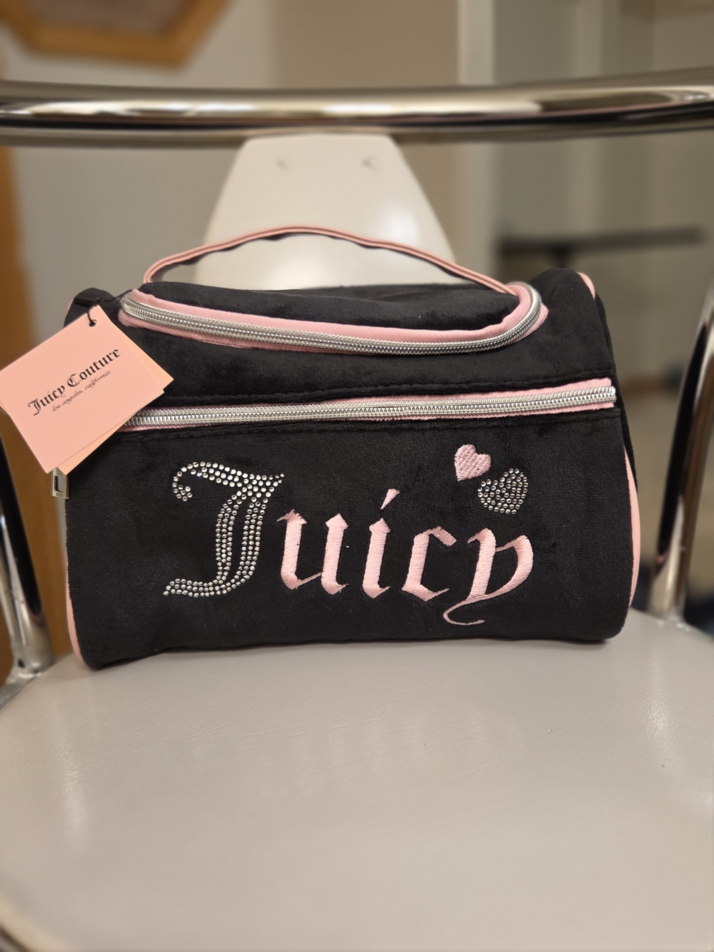 Juicy Couture Black and Pink Rhinestone Logo Cosmetic Bag